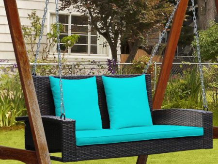 2-Person Patio Rattan Porch Swing with Cushions-Turquoise For Cheap