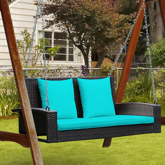 2-Person Patio Rattan Porch Swing with Cushions-Turquoise For Cheap