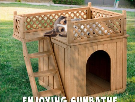 Wooden Dog House with Stairs and Raised Balcony for Puppy and Cat For Discount