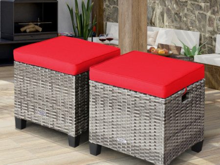 2PCS Patio Rattan Wicker Ottoman Seat with Removable Cushions-Red Online Sale