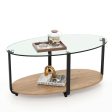 2-Tier Glass-Top Oval Coffee Table with Wooden Shelf for Living Room Online Hot Sale