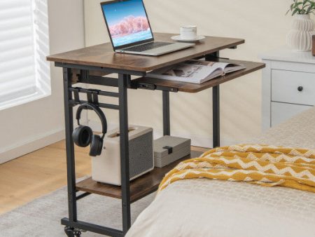 Rolling Laptop Table with Pull-out Keyboard Tray and Hooks-Rustic Brown Sale