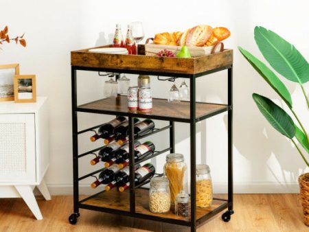 3-Tier Wood Rolling Kitchen Serving Cart with 9 Wine Bottles Rack Metal Frame-Rustic Brown Supply