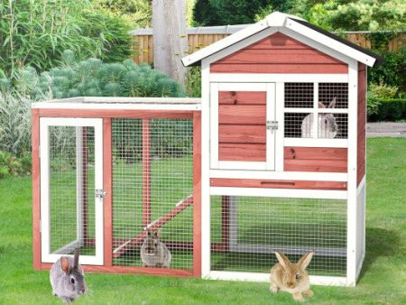 2-Story Wooden Rabbit Hutch with Running Area-White For Discount