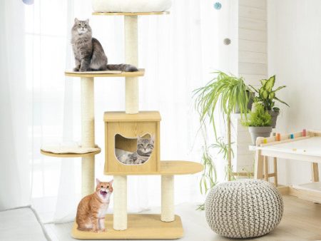 4 Levels Modern Wood Cat Tower with Washable Mats-Walnut For Discount