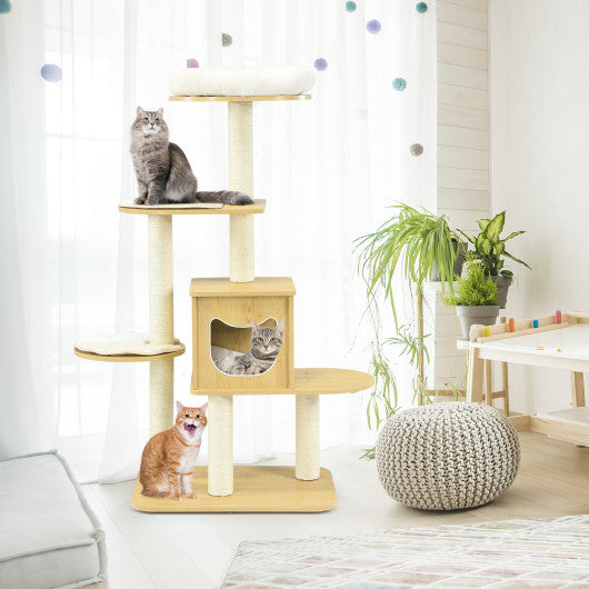 4 Levels Modern Wood Cat Tower with Washable Mats-Walnut For Discount