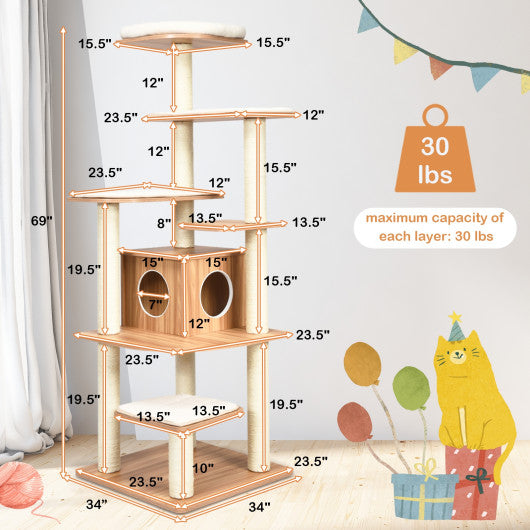 7-Layer Wooden Cat Tree Tall Cat Tower with Sisal Posts and Condo-Natural Online