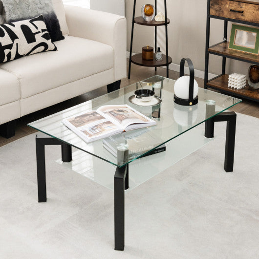 2-Tier Rectangular Glass Coffee Table with Metal Tube Legs-Black Sale