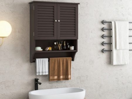 2-Doors Bathroom Wall-Mounted Medicine Cabinet with Towel Bar-Brown Online now