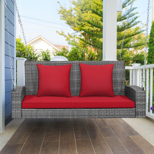 2-Person Patio PE Wicker Hanging Porch Swing Bench Chair Cushion 800 Pounds-Red Fashion