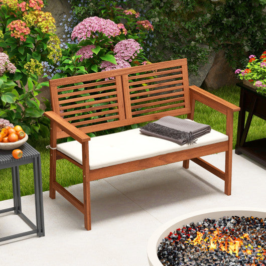 2-Person Solid Wood Patio Bench with Backrest and Cushion Online Sale