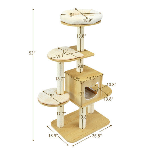 4 Levels Modern Wood Cat Tower with Washable Mats-Walnut For Discount