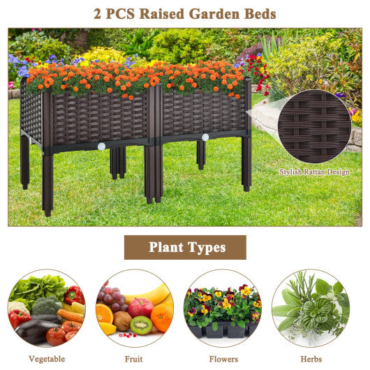 2 Set Elevated Plastic Raised Garden Bed Planter Kit for Flower Vegetable Grow-Brown Online