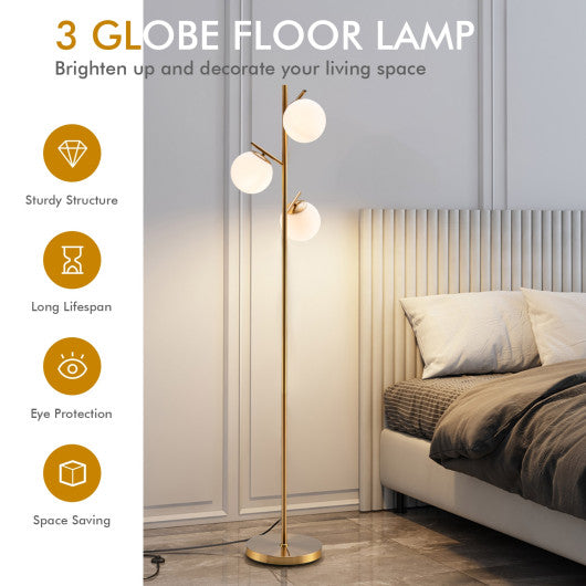 3-Globe Floor Lamp with Foot Switch and Bulb Bases-Golden For Sale