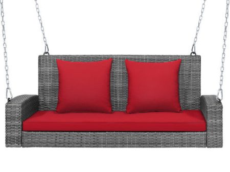 2-Person Patio PE Wicker Hanging Porch Swing Bench Chair Cushion 800 Pounds-Red Fashion