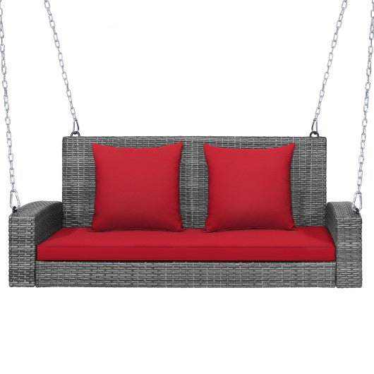 2-Person Patio PE Wicker Hanging Porch Swing Bench Chair Cushion 800 Pounds-Red Fashion