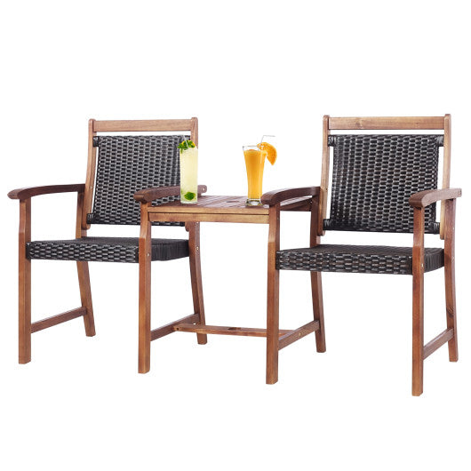 2-Seat Patio Rattan Acacia Wood Chair with Coffee Table Discount