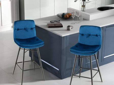 2 Pieces 29 Inch Velvet Bar Stools Set with Tufted Back and Footrests-Blue Sale