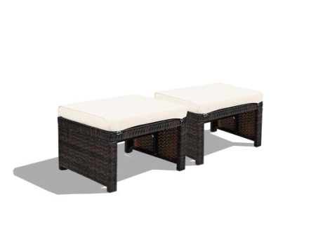 2 Pieces Patio Rattan Ottomans with Soft Cushion for Patio and Garden-White Cheap