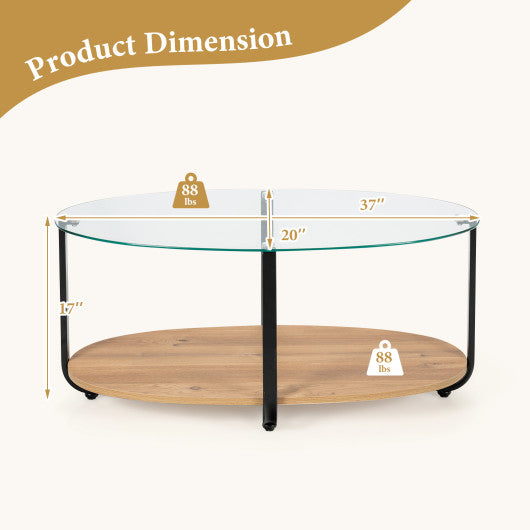 2-Tier Glass-Top Oval Coffee Table with Wooden Shelf for Living Room Online Hot Sale