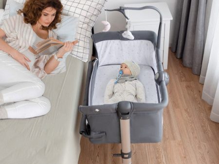 Height Adjustable Baby Side Crib  with Music Box & Toys-Dark Gray Online