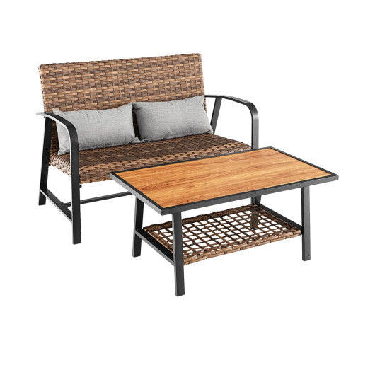 2 Pieces Patio Rattan Coffee Table Set with Shelf For Discount