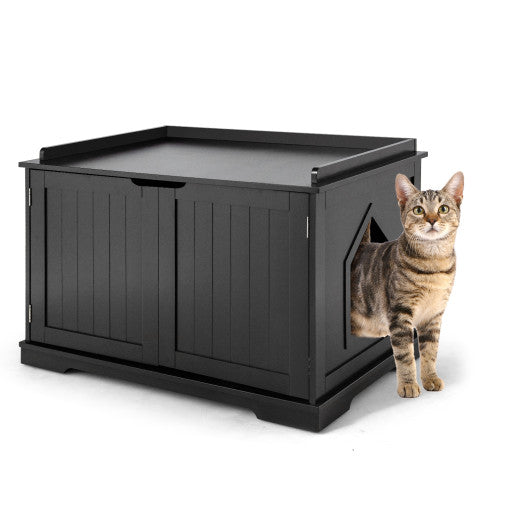 Cat Litter Box Enclosure with Double Doors for Large Cat and Kitty-Black Supply