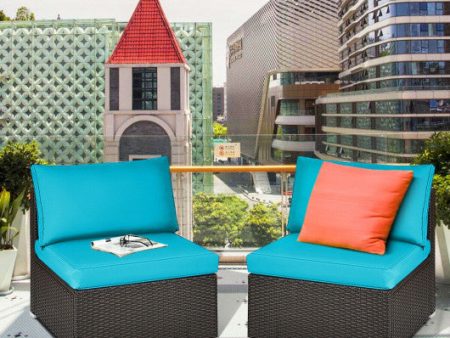 2 Pieces Patio Rattan Armless Sofa Set with 2 Cushions and 2 Pillows-Blue For Sale