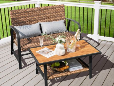 2 Pieces Patio Rattan Coffee Table Set with Shelf For Discount