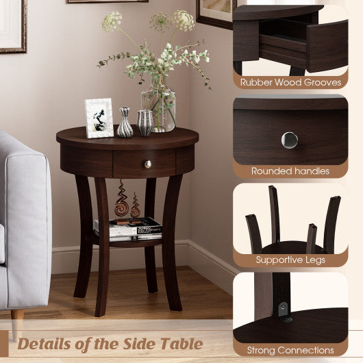 2-Tier Wood Round End Table with Open Drawer-Brown on Sale