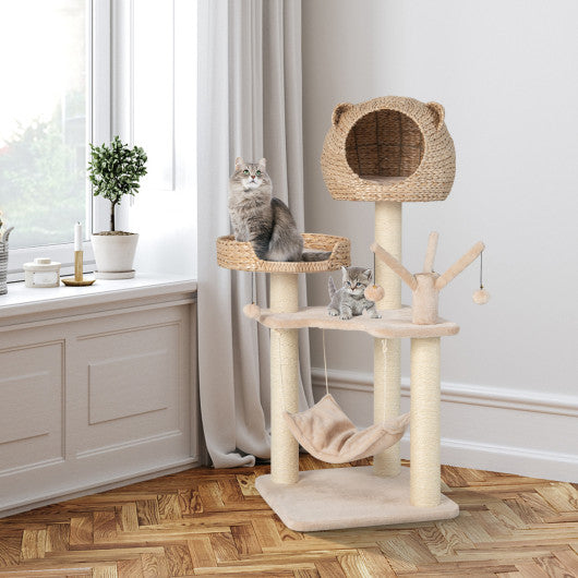 Multi-Level Cat Tree with Condo Hammock and Rotatable Hanging Balls-Natural Online now