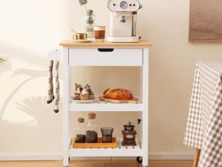 3-Tier Kitchen Island Cart Rolling Service Trolley with Bamboo Top-White For Discount