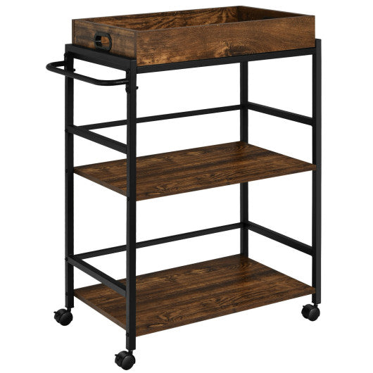 3-Tier Kitchen Serving Bar Cart with Lockable Casters and Handle Rack for Home Pub-Rustic Brown on Sale