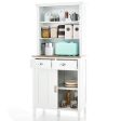 Freestanding Kitchen Pantry with Hutch Sliding Door and Drawer-White Discount