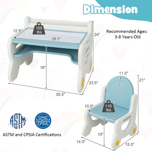 Kids Drawing Table and Chair Set with Watercolor Pens and Blackboard Eraser-Blue For Cheap