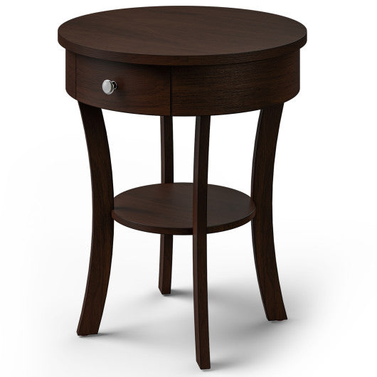 2-Tier Wood Round End Table with Open Drawer-Brown on Sale