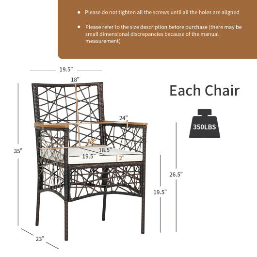 2 Pieces PE Wicker Patio Bistro Dining Chairs with Acacia Wood Armrests and Cushions Supply