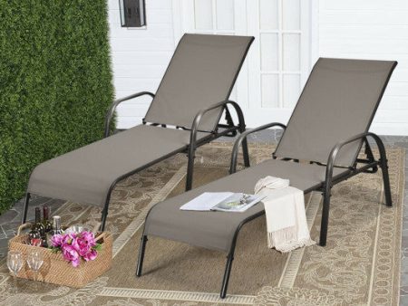 2 Pcs Outdoor Patio Lounge Chair Chaise Fabric with Adjustable Reclining Armrest-Brown Supply