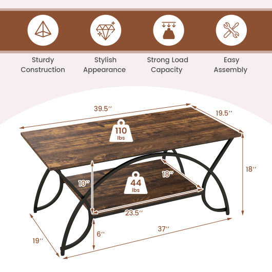 2-Tier Faux Marble Coffee Table with Marble Top and Metal Frame-Rustic Brown Supply