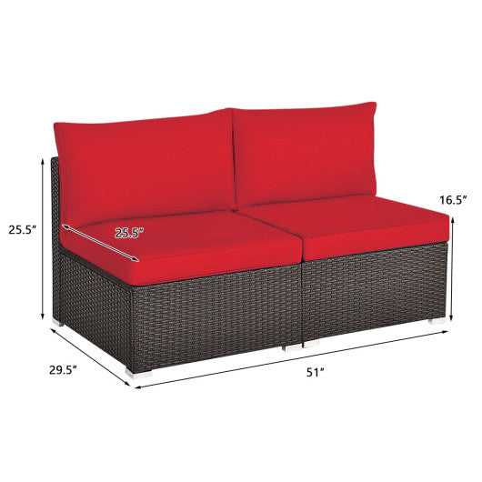 2 Pieces Patio Rattan Armless Sofa Set with 2 Cushions and 2 Pillows-Red Sale