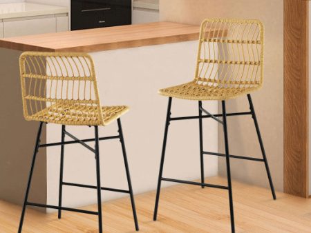 Set of 2 Rattan Bar Stools with Sturdy Metal Frame-Yellow Online