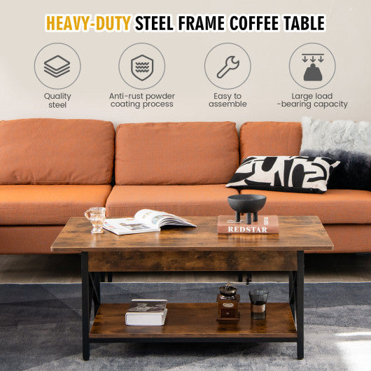 2-Tier Industrial Rectangular Coffee Table with Storage Shelf-Rustic Brown Online now