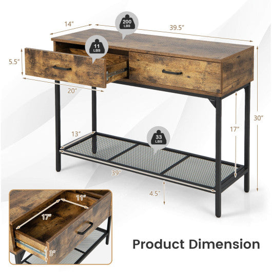 2 Drawers Industrial Console Table with Steel Frame for Small Space-Rustic Brown For Discount