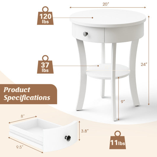 2-Tier Wood Round End Table with Open Drawer-White For Cheap