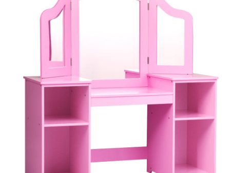 Kids Tri Folding Mirror Makeup Dressing Vanity Table Set-Pink For Cheap