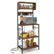 60 Inch Tall Microwave Stand with Open Shelves and 10 Hanging Hooks-Rustic Brown Sale