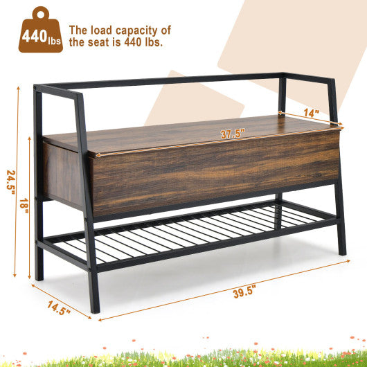 Industrial Shoe Bench with Storage Space and Metal Handrail-Rustic Brown on Sale