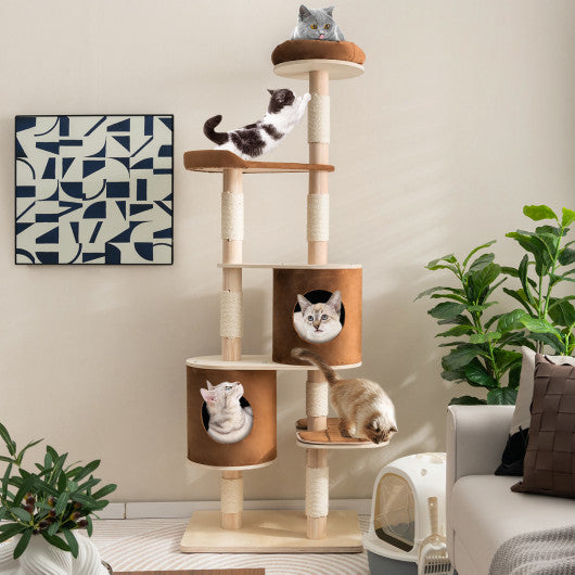 6-Tier Wooden Cat Tree with 2 Removeable Condos Platforms and Perch-Brown Cheap