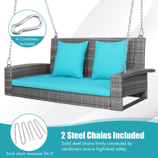 2-Person Patio PE Wicker Hanging Porch Swing Bench Chair Cushion 800 Pounds-Turquoise Supply