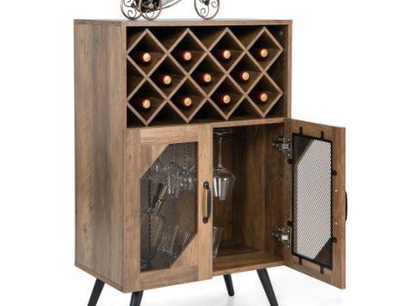 2-Door Farmhouse Kitchen Storage Bar Cabinet with Wine Rack and Glass Holder-Rustic Brown Discount